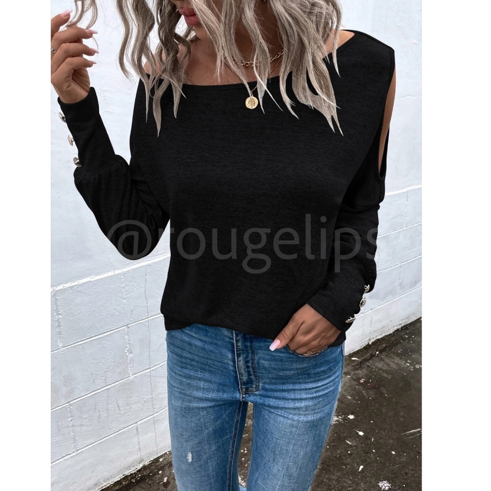 Black One Cold Shoulder Asymmetric Boat Neck Long Sleeve Tee Shirt - Picture 6 of 9